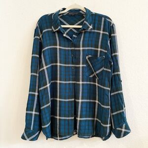 Sanctuary Women's Plaid Long‎ Sleeve Top Henley Popover Teal Blue XL Rayon